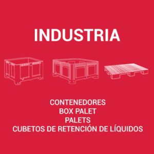 gama de contenedores para industria de jcoplastic, incluye palets de plástico y cubetos de retención de líquidos
